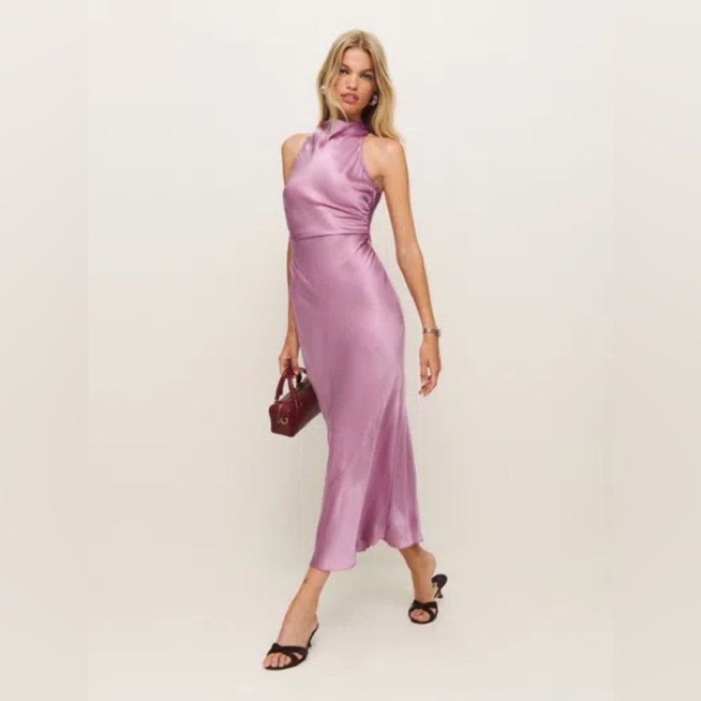 Reformation Casette Maxi Dress 100% Silk Sugar Plum Pink Halter Size 12‎ NEW